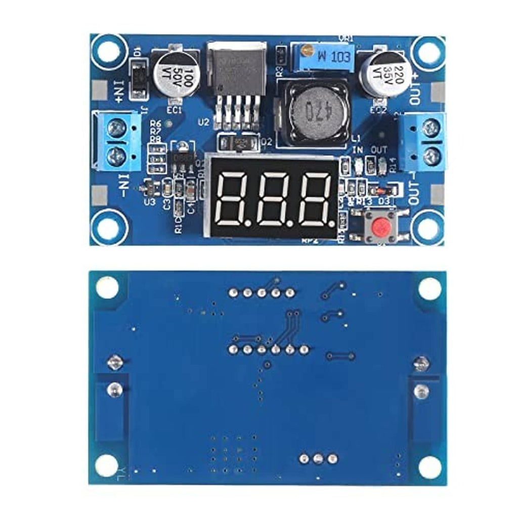 Blue LM2596 buck converter PCB with four-digit LED voltage readout and marked input/output ports