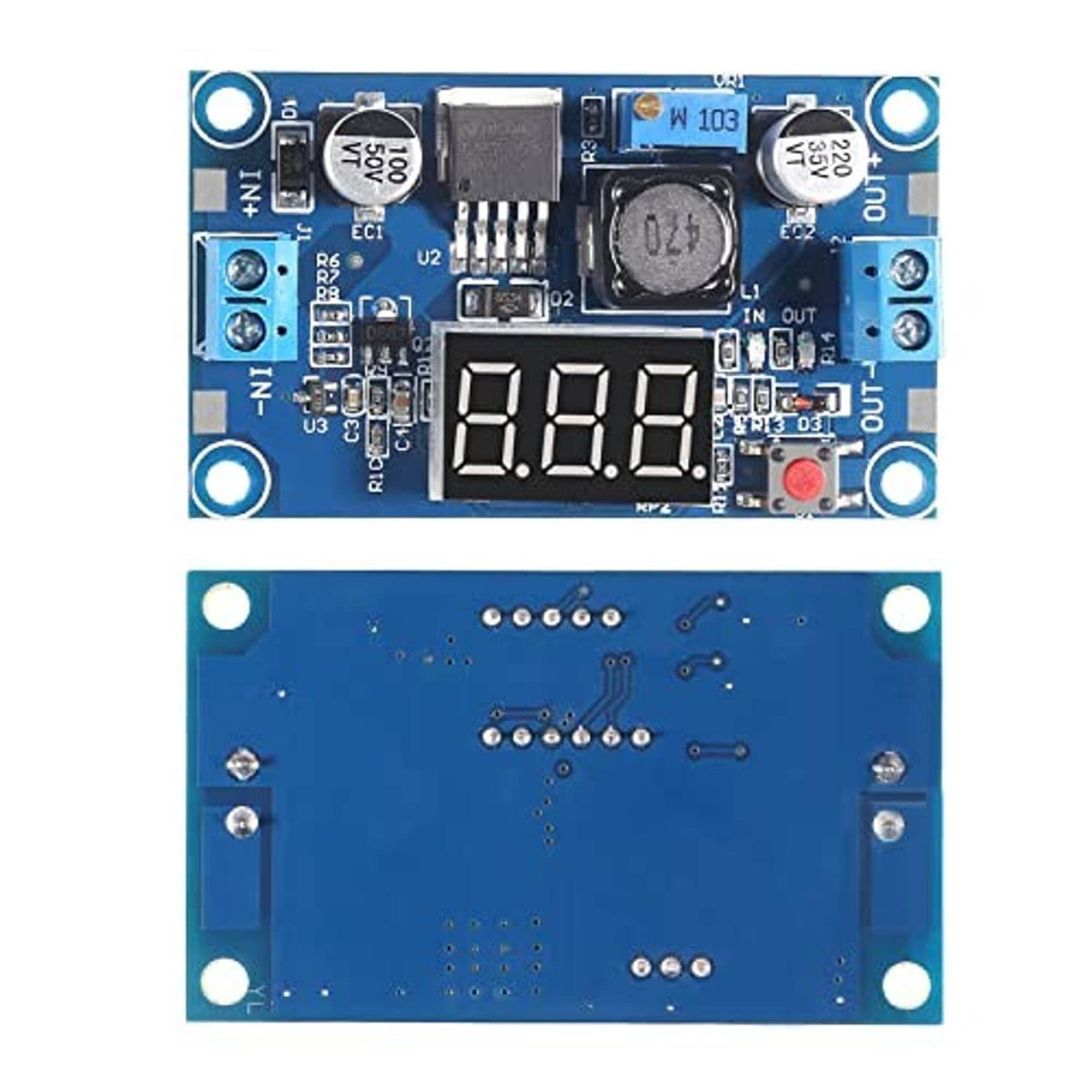 Blue LM2596 buck converter PCB with four-digit LED voltage readout and marked input/output ports