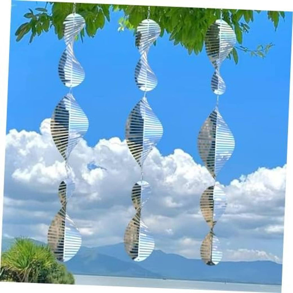 Stainless steel bird-scarer wind spinner set with three hanging reflective disc spinners
