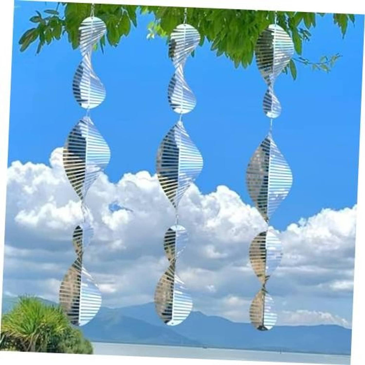 Stainless steel bird-scarer wind spinner set with three hanging reflective disc spinners