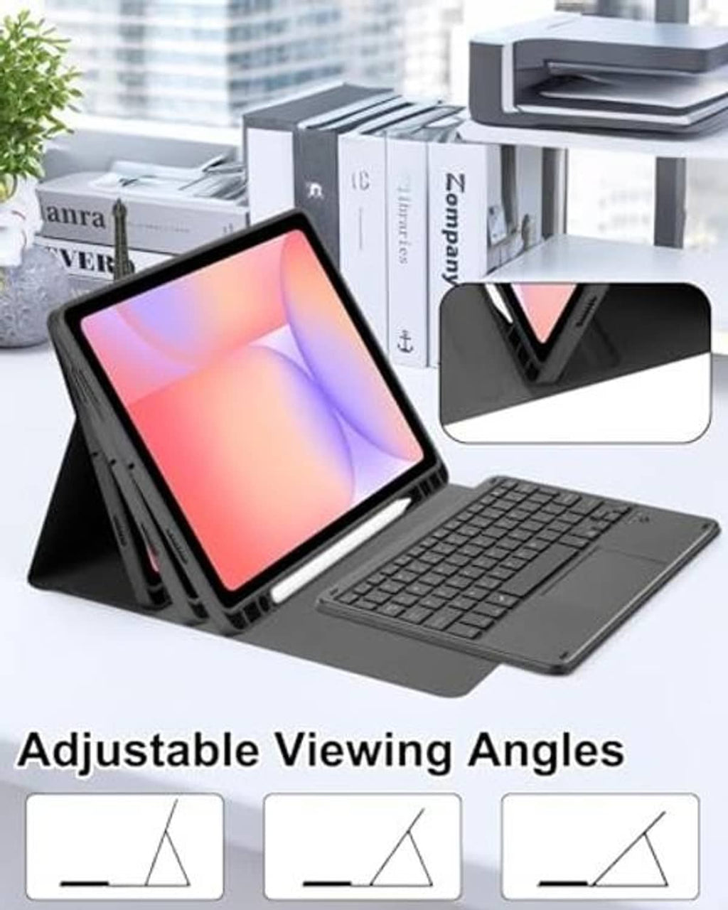 Black adjustable tablet keyboard case with touchpad and foldable viewing-angle stand.
