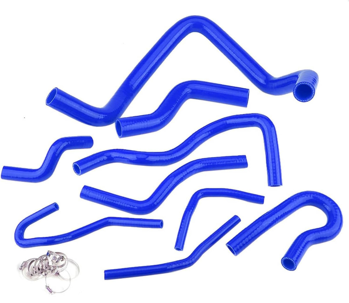 Blue silicone radiator hose kit with multiple molded hoses and hose clamps