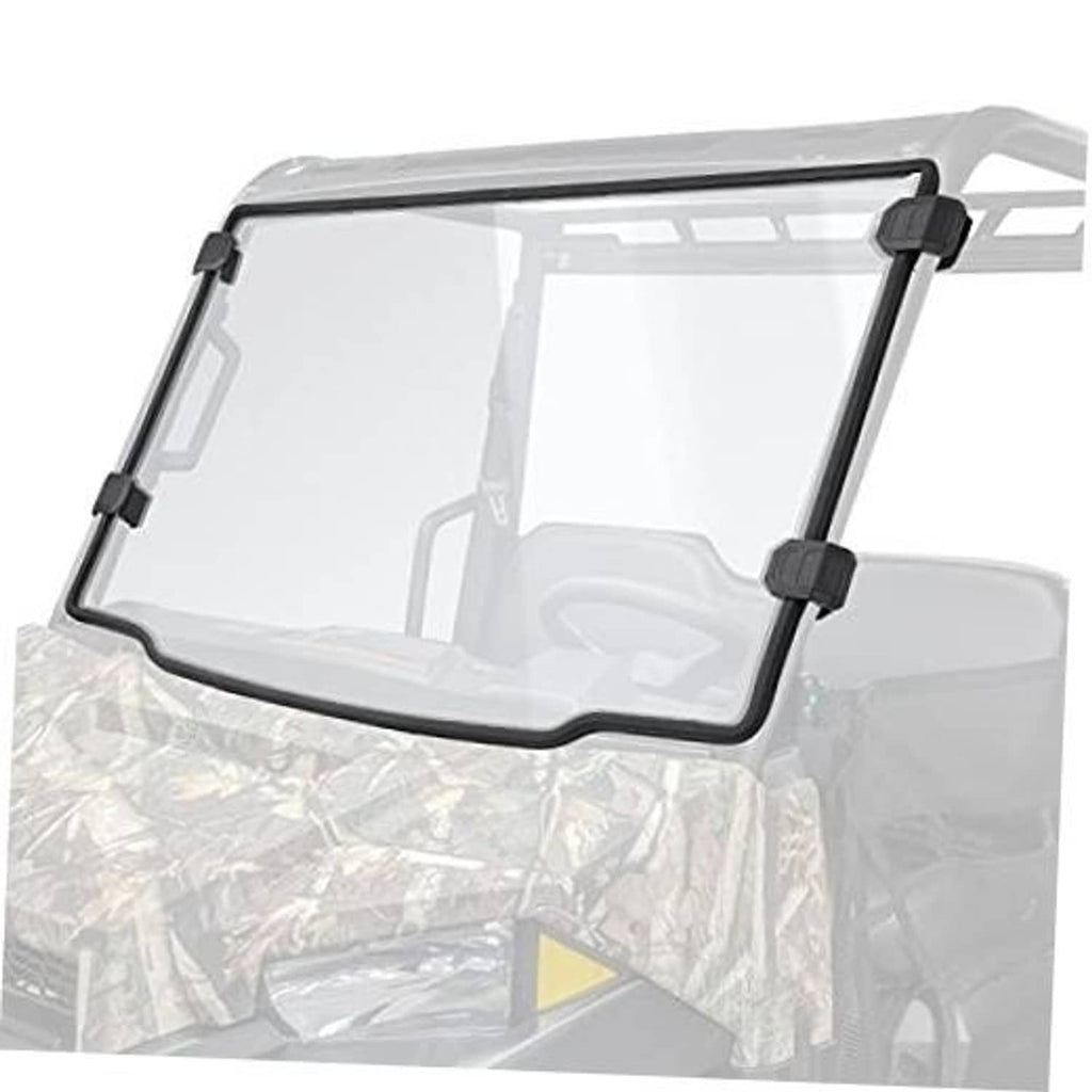 Clear front windshield panel with black frame and four mounting clamps