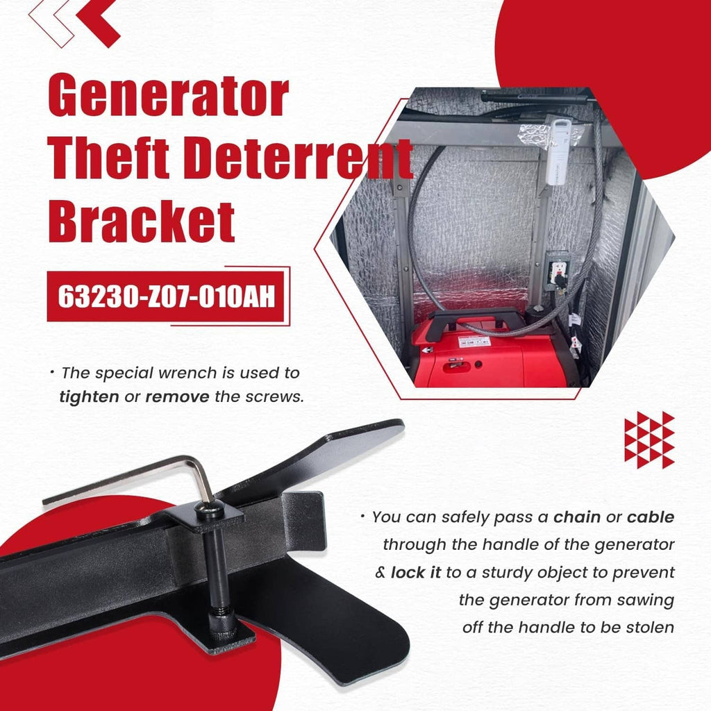 Black security bracket with wrench and tamper-proof bolt for chain or cable passing