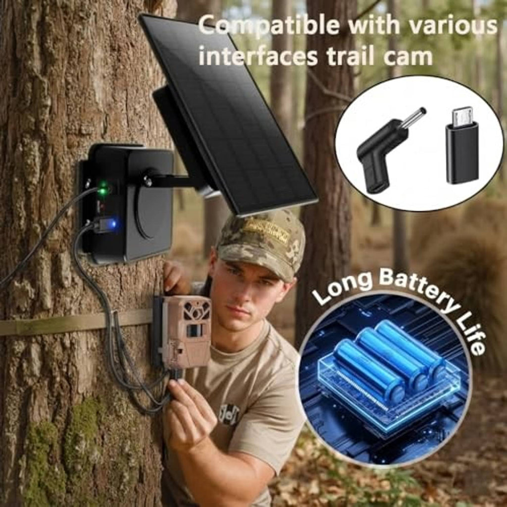 Solar panel charger with camera power pack and long outdoor mounting cable