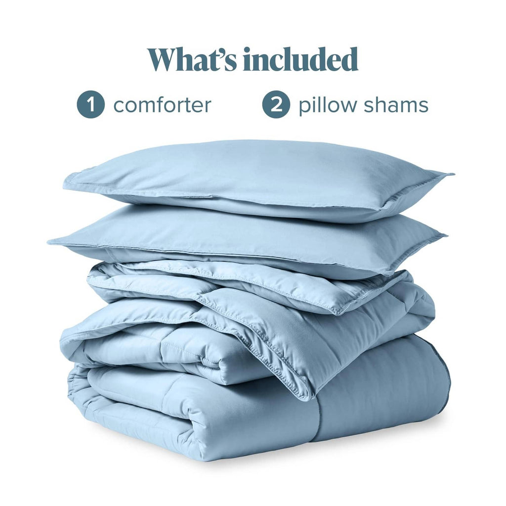 Light blue comforter with matching pillow shams, folded set