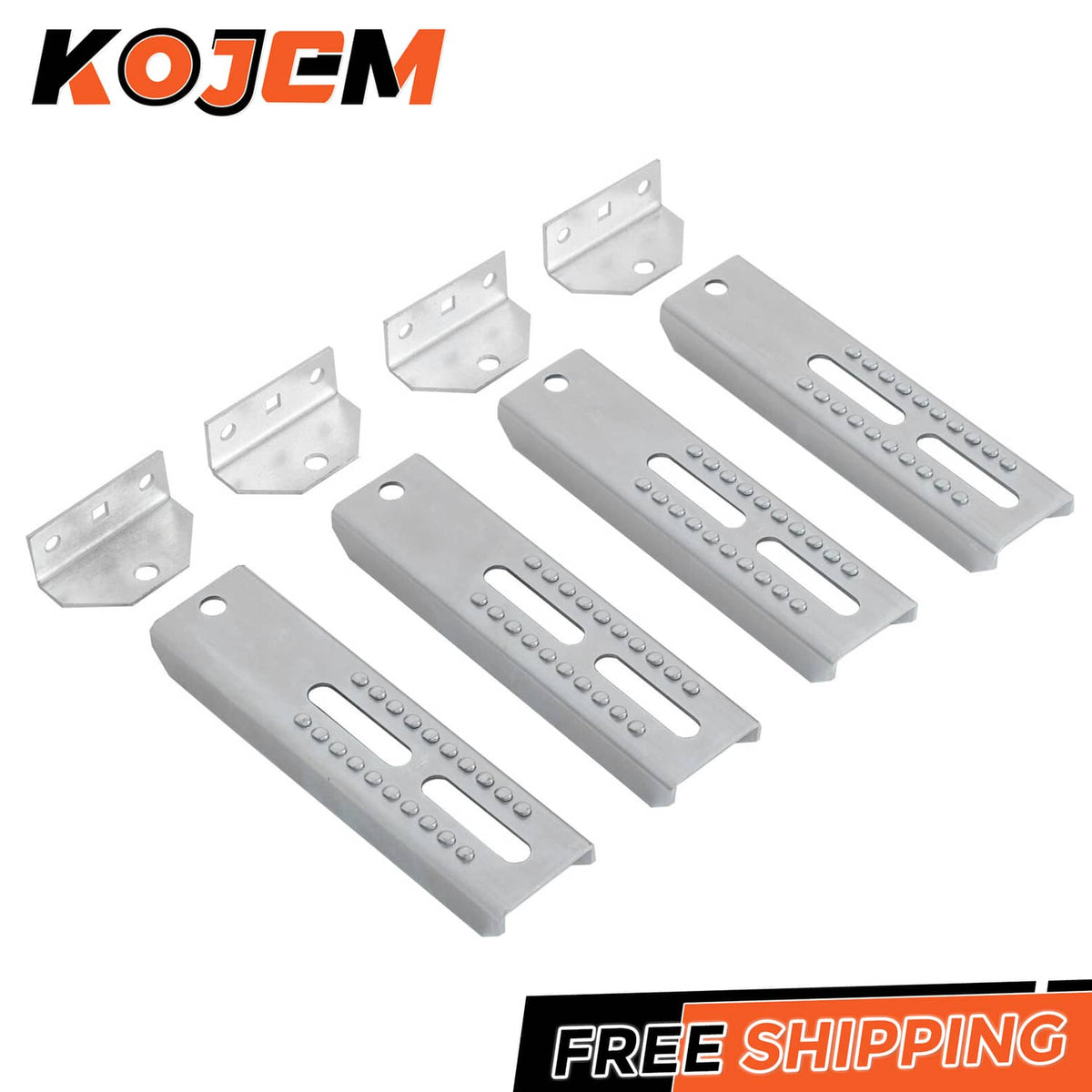 Adjustable top bunk bracket set, silver metal rails with drilled holes and long slotted openings