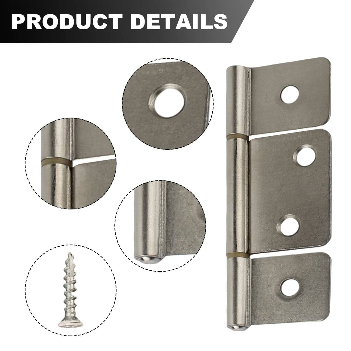 Metal butt hinge with close-up of mounting holes and screw included