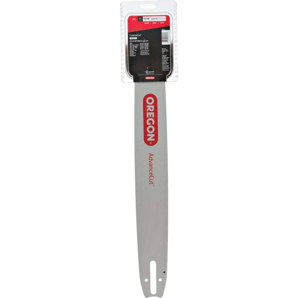Oregon chainsaw bar and chain, gray bar with red ORGON logo and info label in blister pack.
