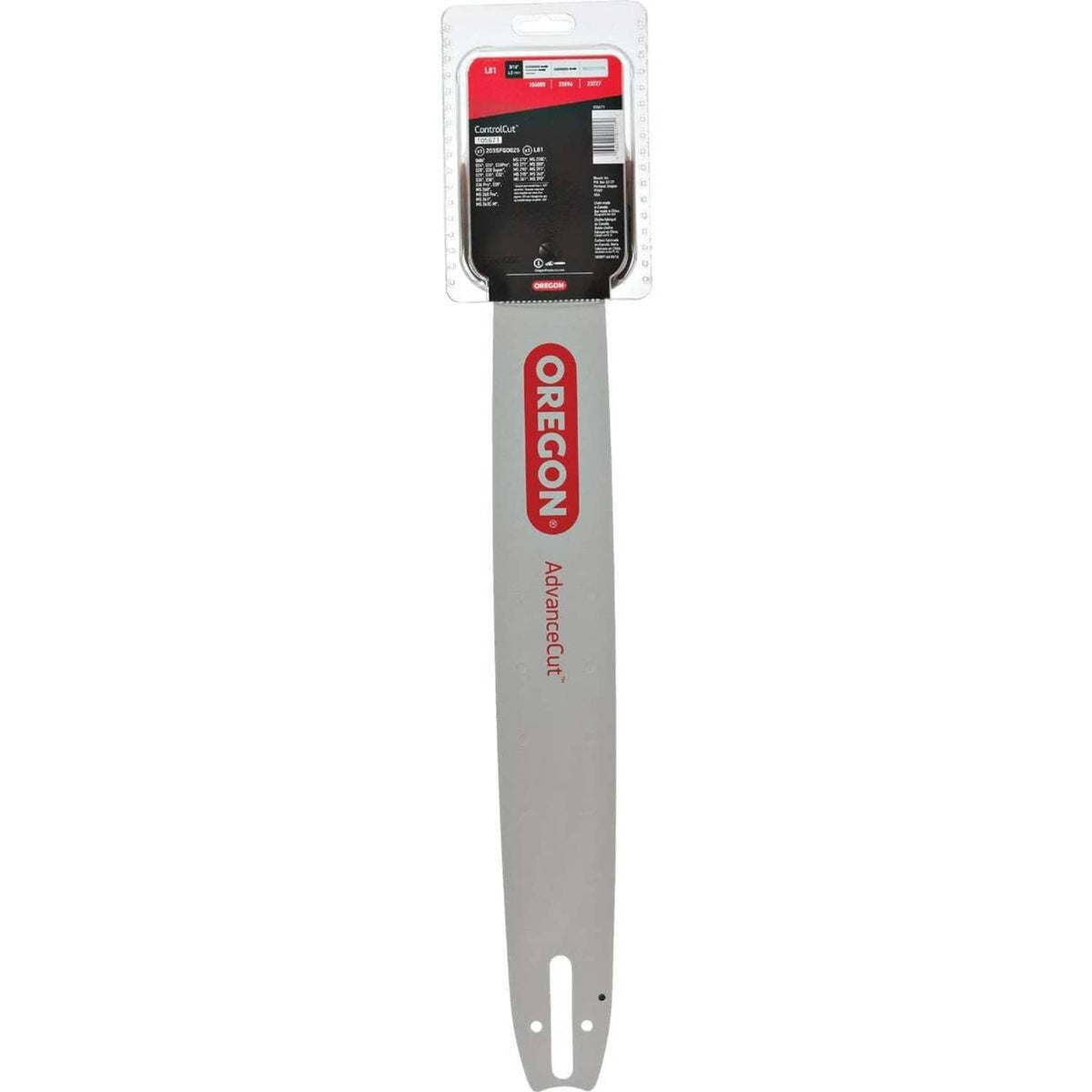 Oregon chainsaw bar and chain, gray bar with red ORGON logo and info label in blister pack.