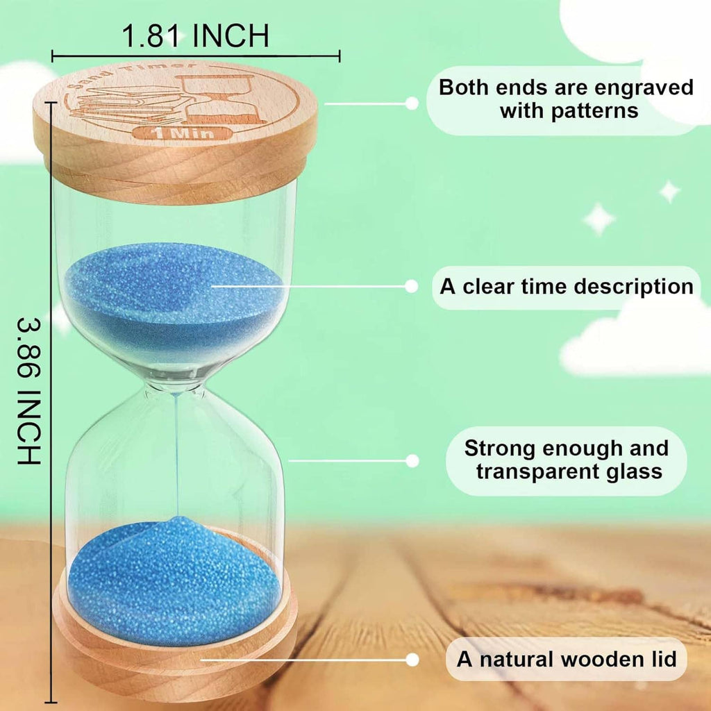 Wooden hourglass sand timer with blue sand in clear glass, small size