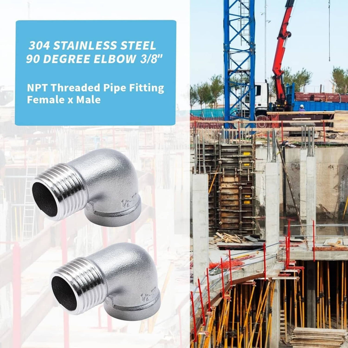 Stainless steel 90° elbow pipe fitting, female-to-male NPT threads, 2-pack