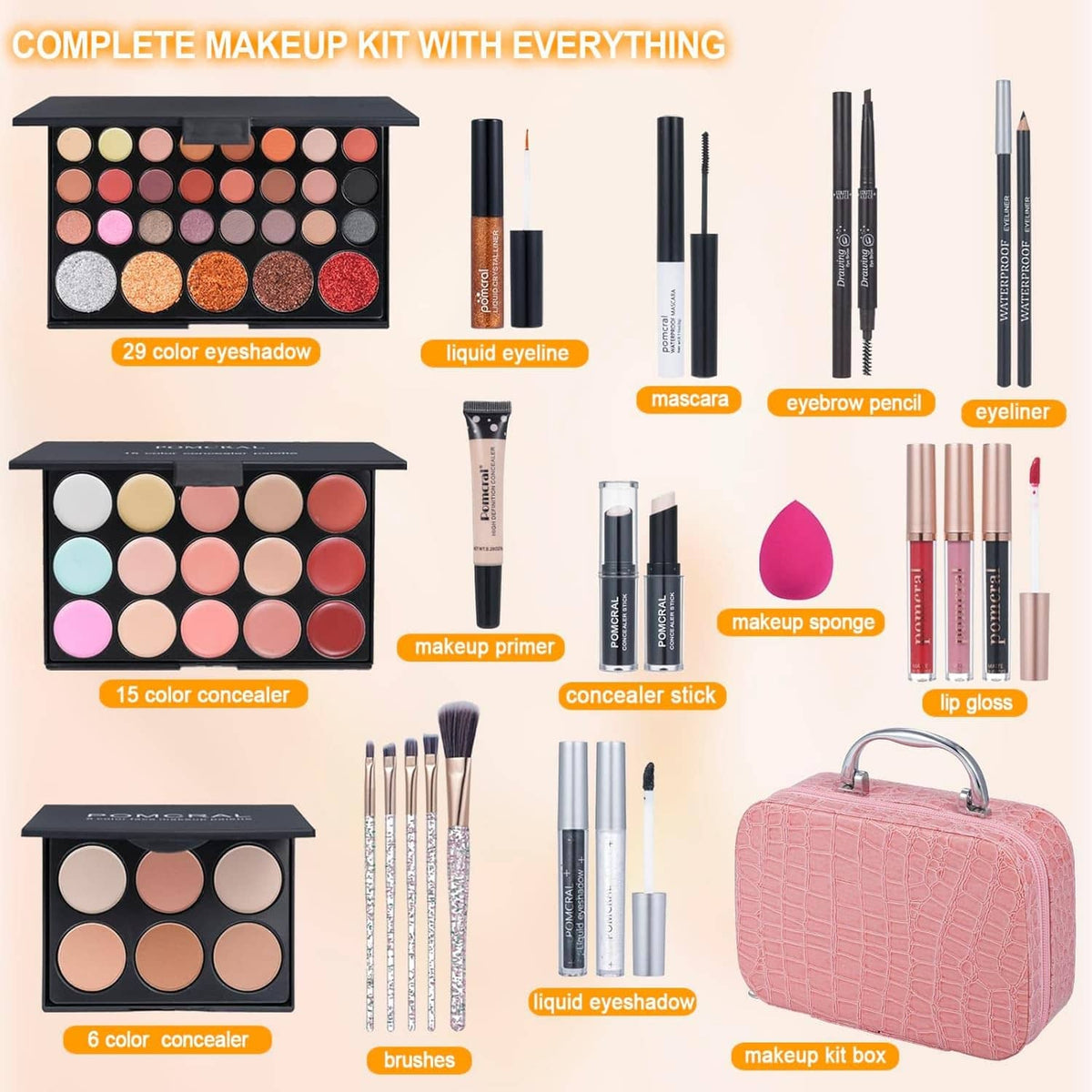 Complete makeup set box with eyeshadow palette, eyeliner, mascara, brow pencil, concealer, and tools