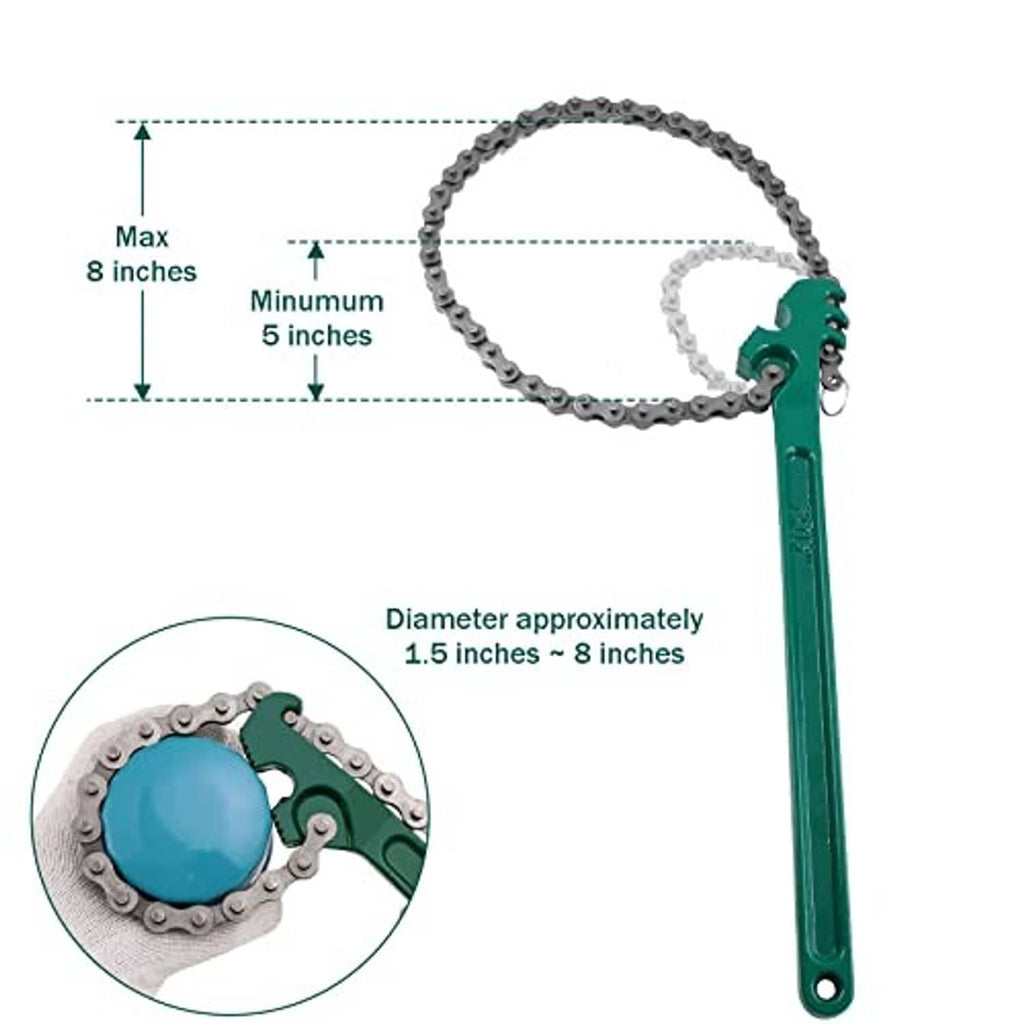 Chain wrench with green handle and silver chain loop; adjustable jaw range shown