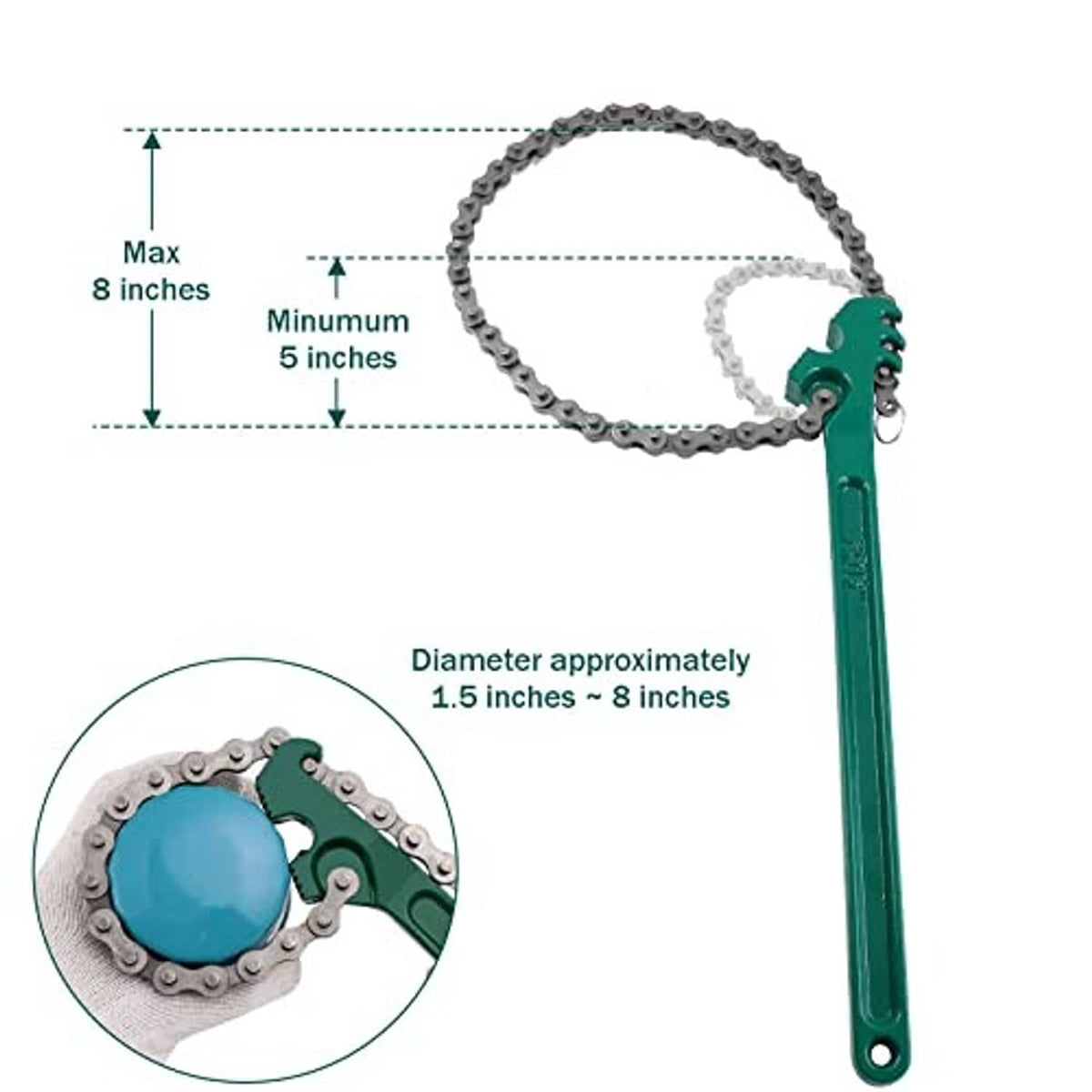 Chain wrench with green handle and silver chain loop; adjustable jaw range shown