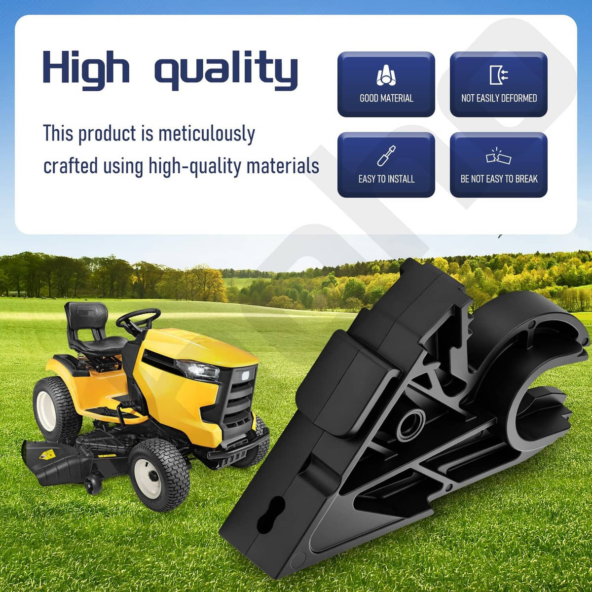 Black hood pivot bracket with wide base and circular pivot bushing, next to mower