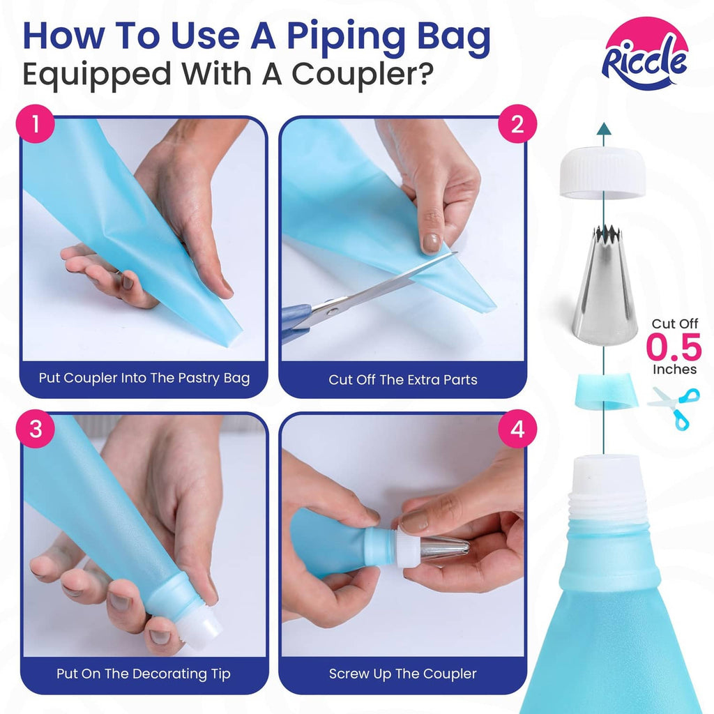 Piping bag coupler for attaching and inserting a decorating tip