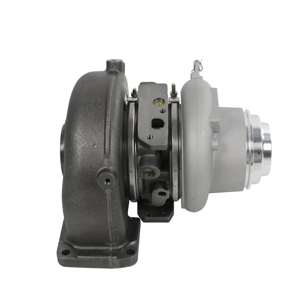 Turbocharger assembly with black exhaust housing and silver compressor outlet