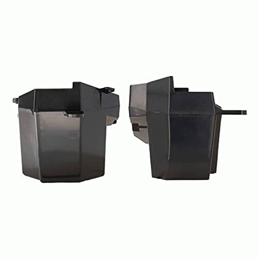 Two black speaker pod housings from the side view with mounting posts