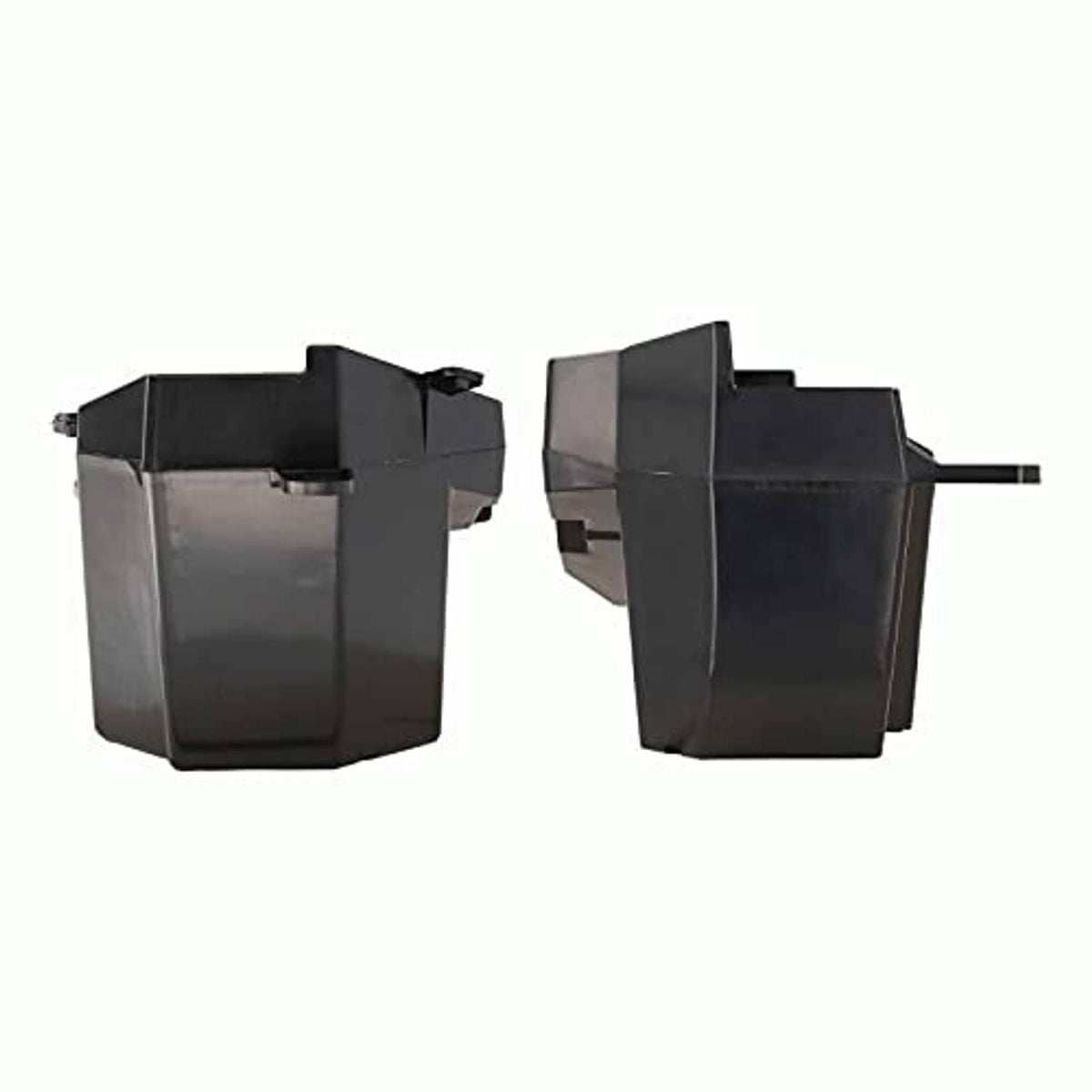 Two black speaker pod housings from the side view with mounting posts