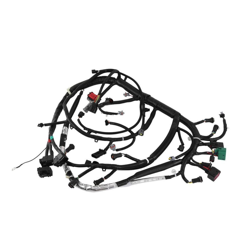 Engine wire harness with bundled black cables and assorted sensor and ECU connectors