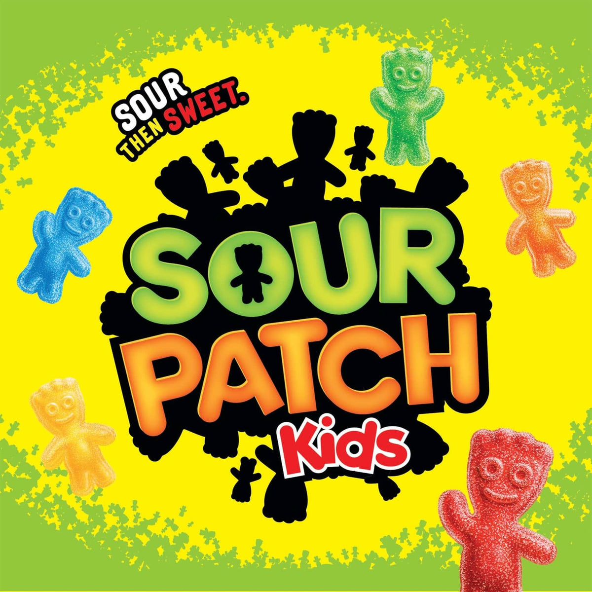 Sour Patch Kids logo with gummy characters on bright green and yellow background