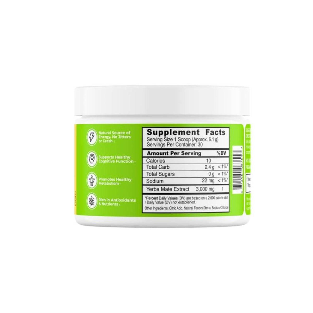 Back label Supplement Facts on green-and-white Yerba mate instant tea powder tub