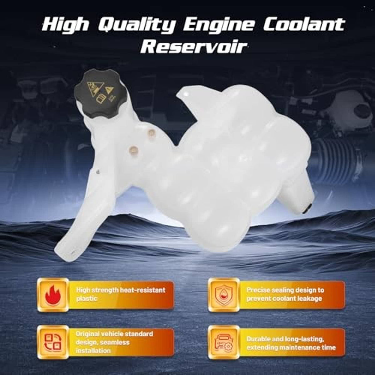 Engine coolant reservoir tank with cap and sensor, white plastic reservoir with mounting points