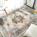 Rectangular washable area rug in beige, blue, and orange with ornate medallion pattern.