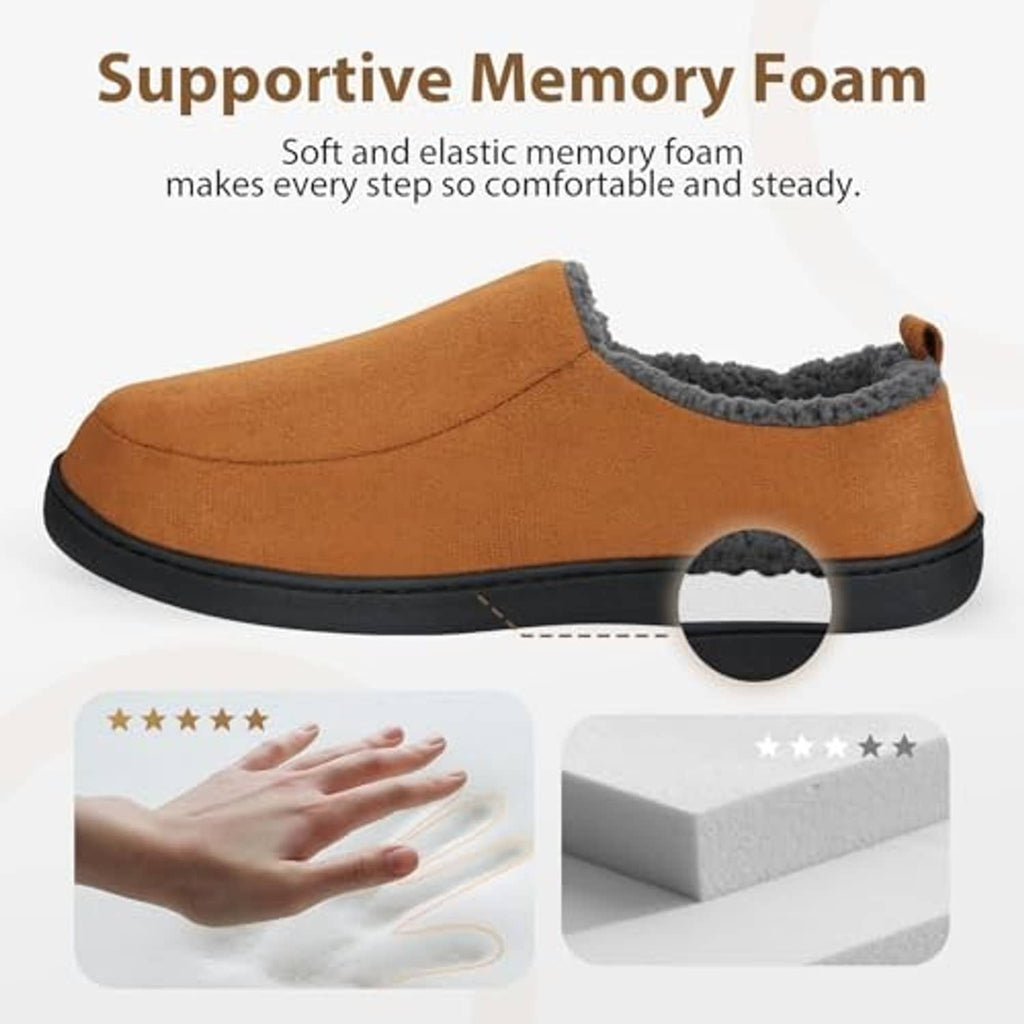Orange-brown slip-on slipper with plush collar and dark cushioned sole