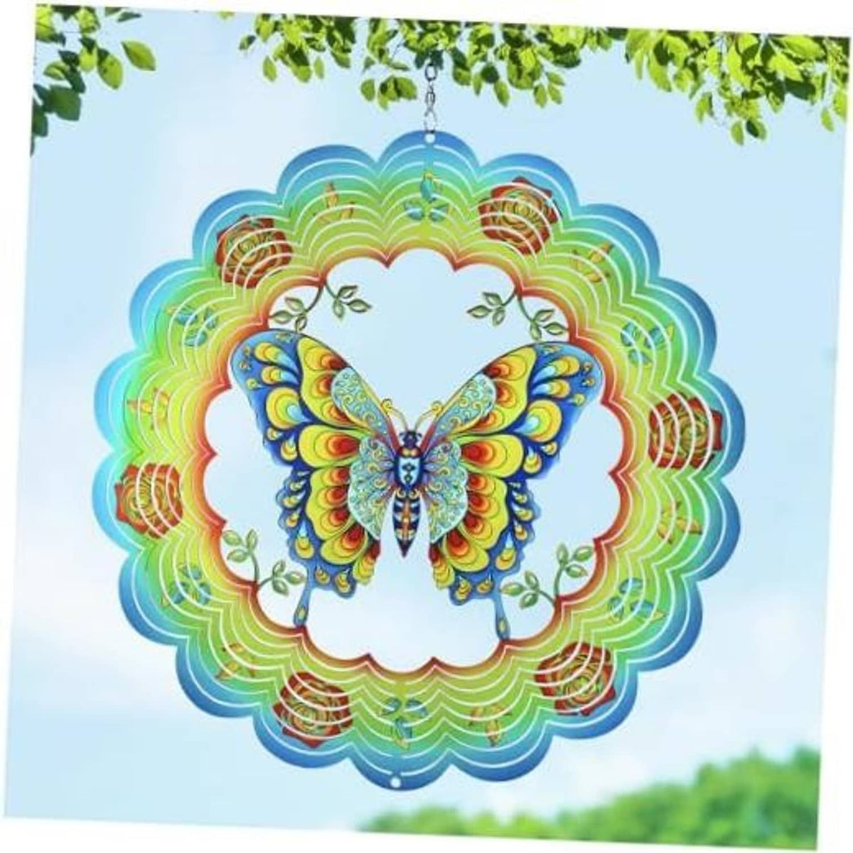 3D stainless steel butterfly wind spinner with multicolor wings and circular fan blades