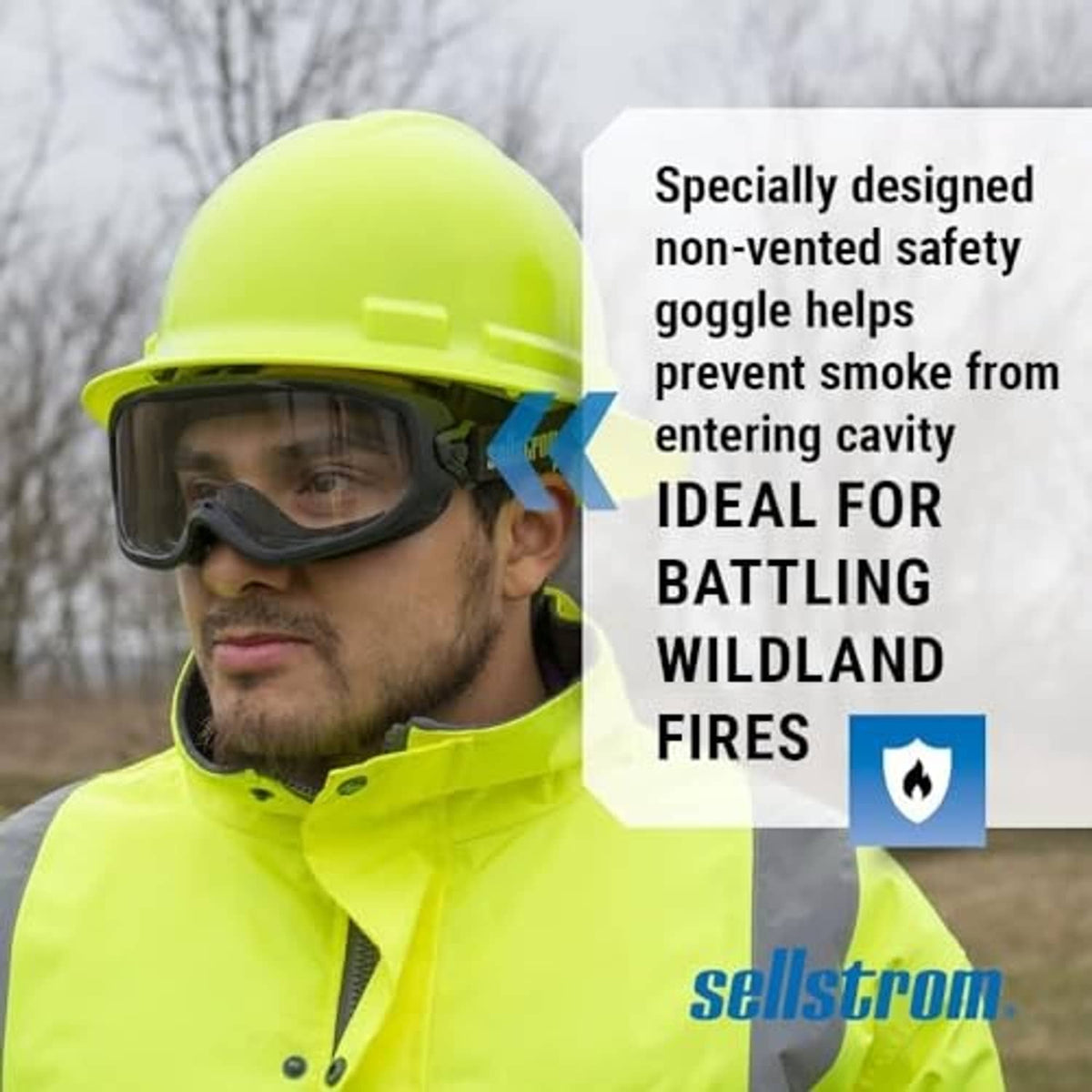 Safety goggles with black frame and clear lens worn with a neon jacket.