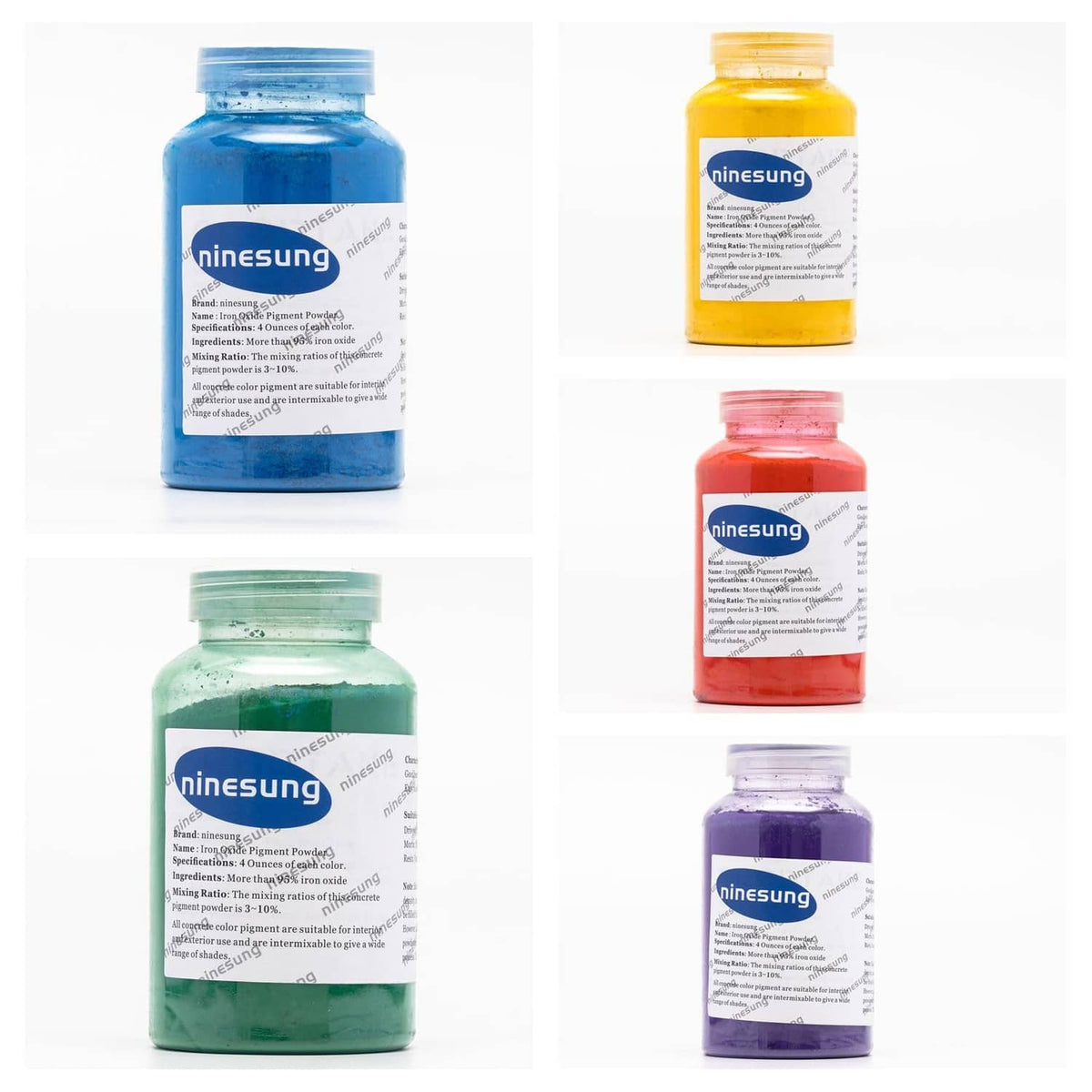 Iron oxide pigment powder bottles in blue, yellow, red, green, and purple
