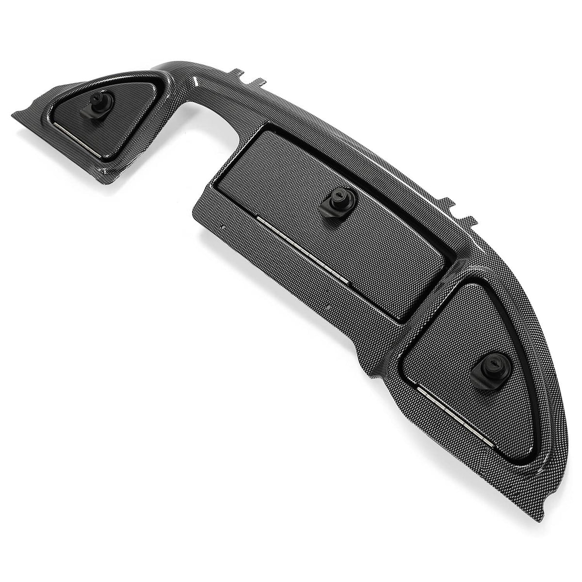 Carbon-fiber-look locking door panel with side speaker cutouts and mounting points