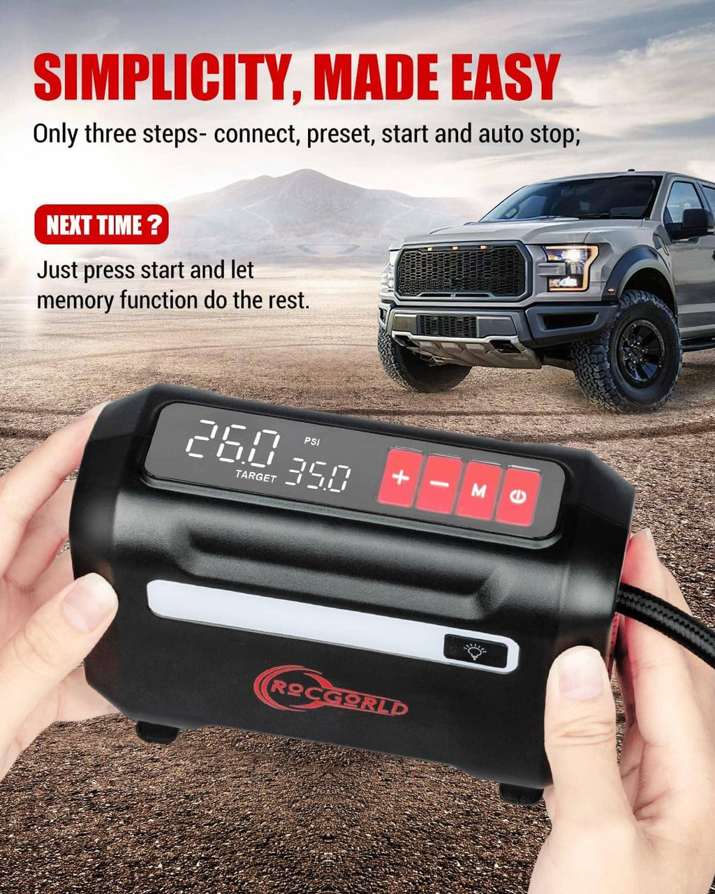 Portable 12V tire inflator held in hand, connected to an off-road vehicle tire.