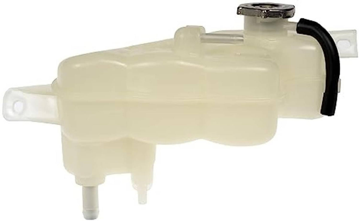 Beige coolant reservoir with cap, outlet hose, and integrated mounting bracket