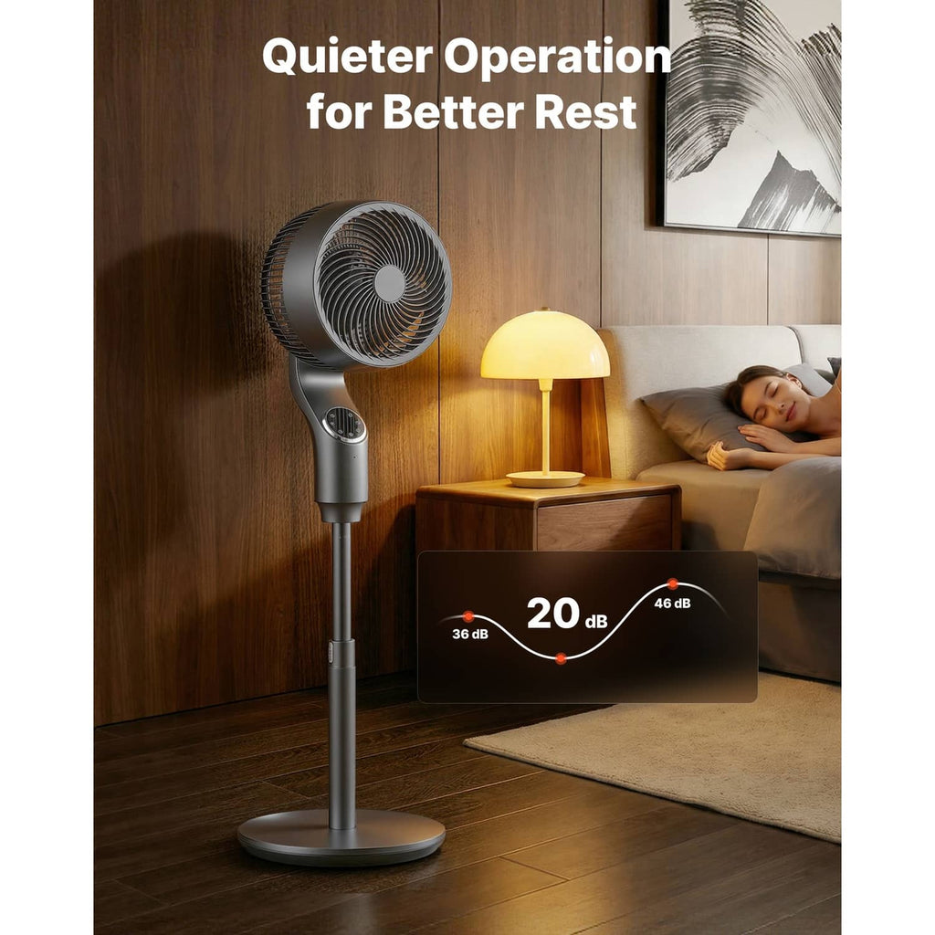 9-inch pedestal fan with circular grille and buttons, standing on round base