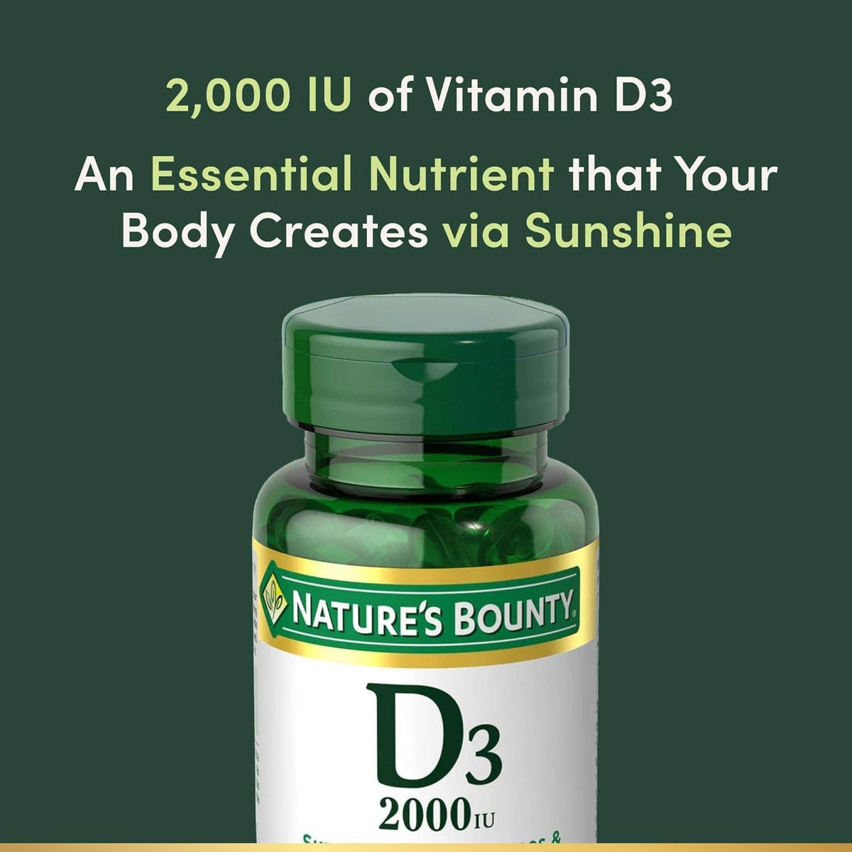 Vitamin D3 2000 IU softgels bottle with green cap and D3 label
