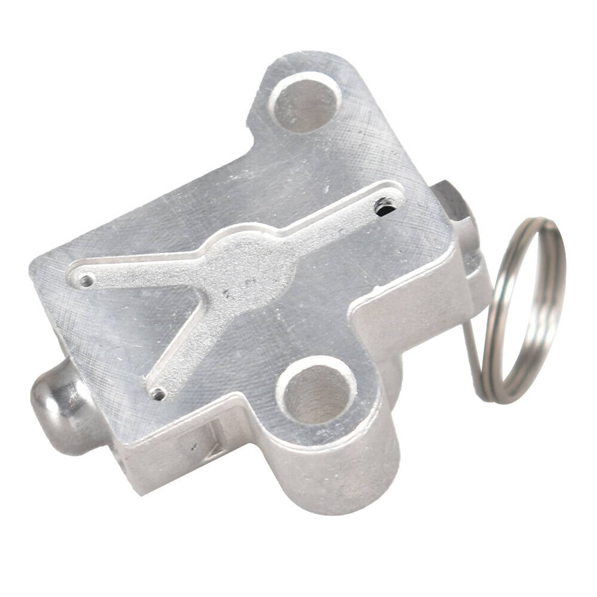 Silver timing chain tensioner bracket with exposed spring coil.