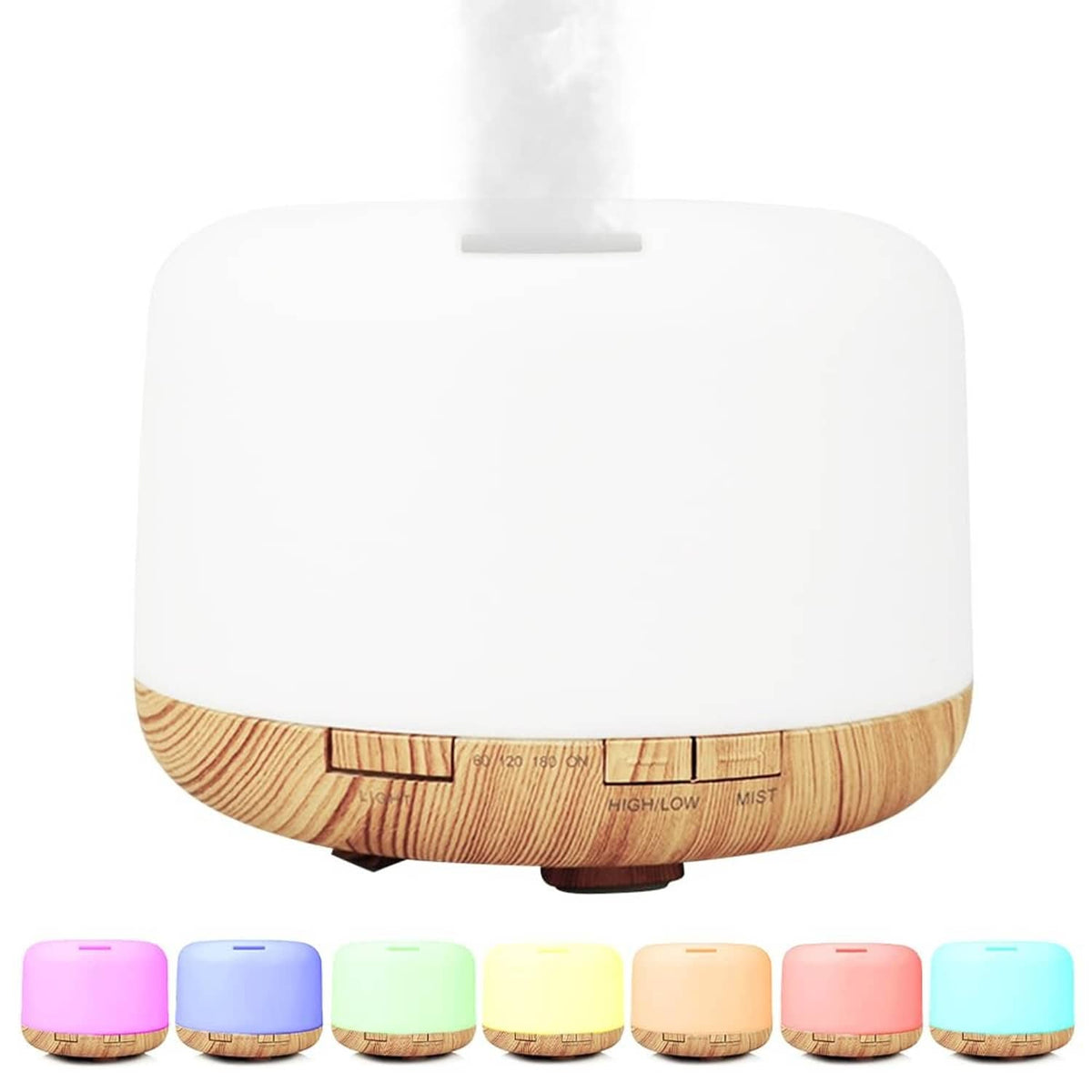 Ultrasonic essential oil diffuser with white top and light woodgrain base, emitting mist
