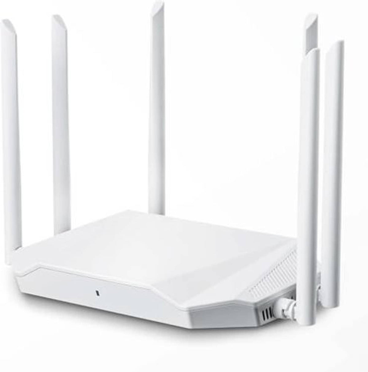 White desktop WiFi router with four standing antennas and front vents.