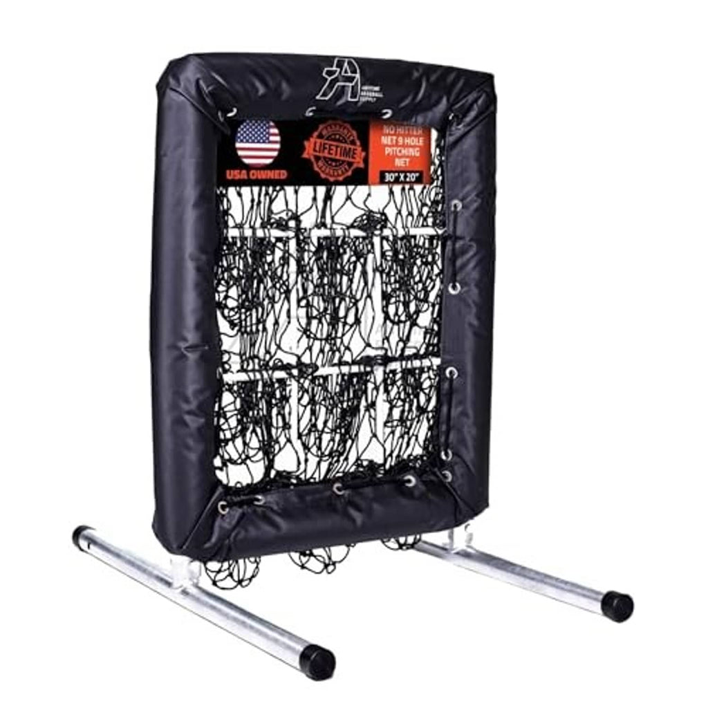 Black baseball pitching net with strike zone target on two-legged metal frame