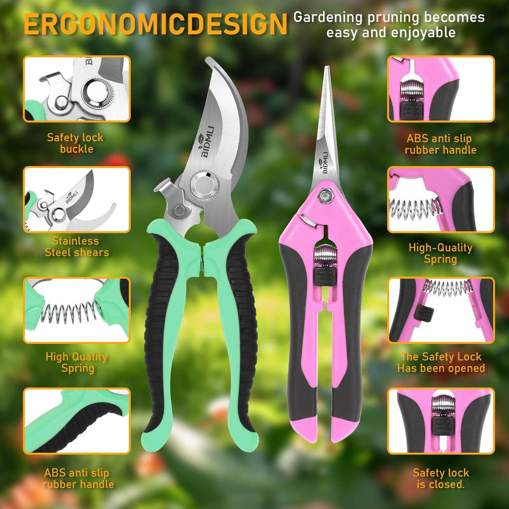 Multicolor garden pruning shears with anti-slip handles and safety lock mechanism.