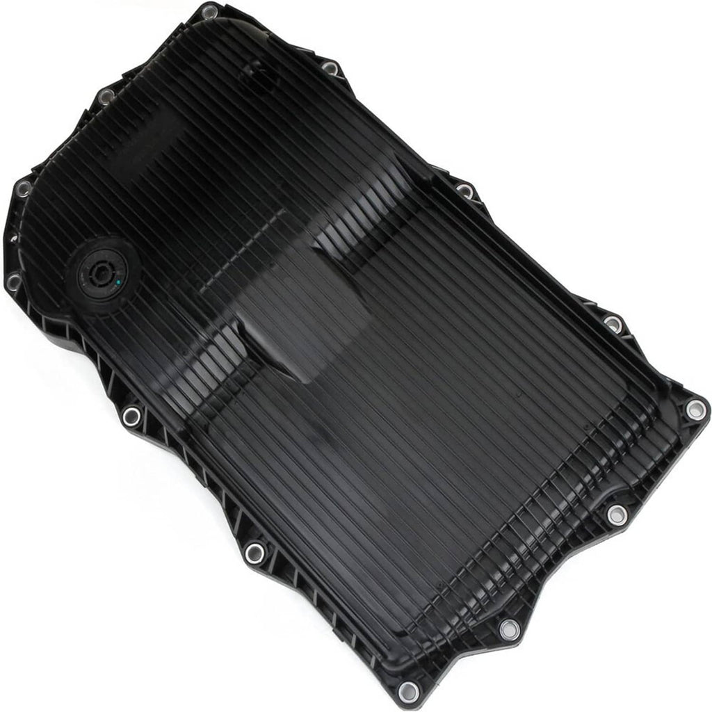 Black transmission oil pan with ribbed channels and corner bolt holes
