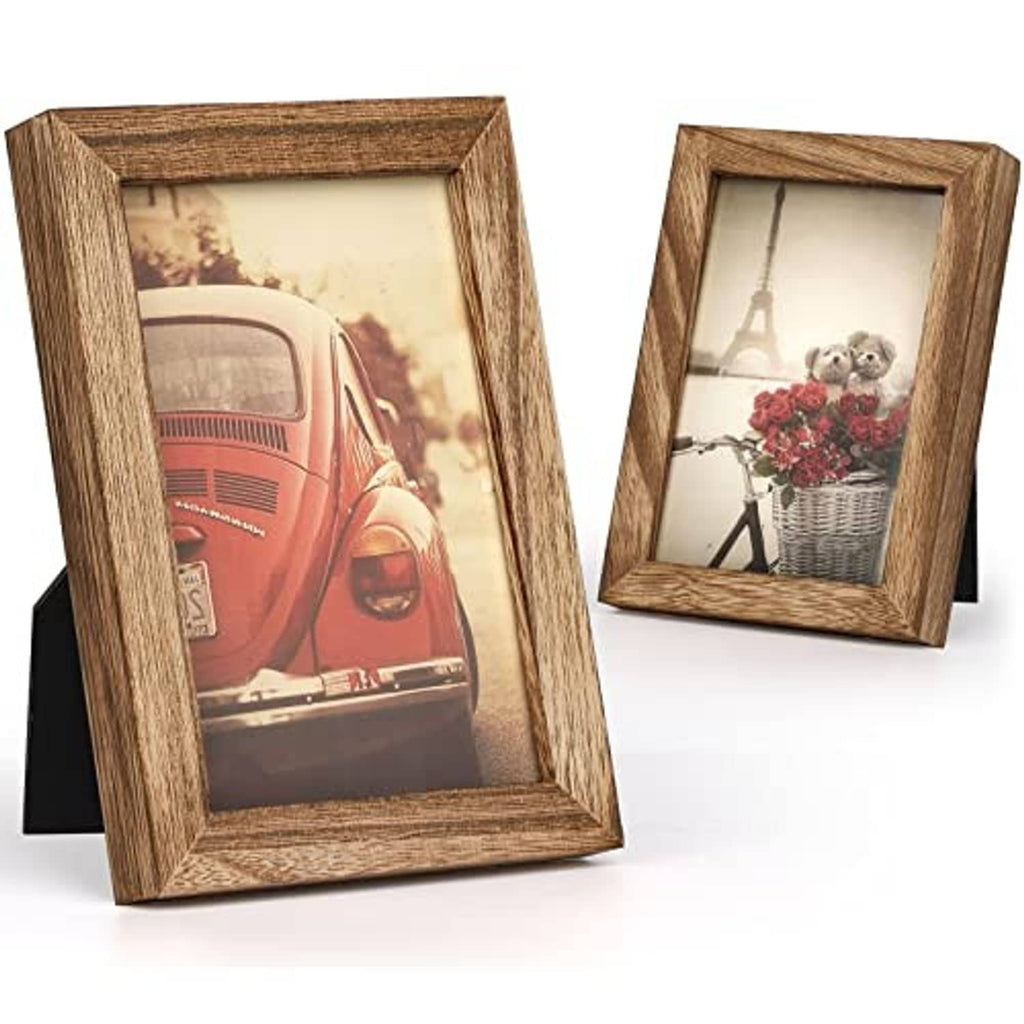 Two tabletop 4x6 picture frames with rustic carbonized brown wood-look borders