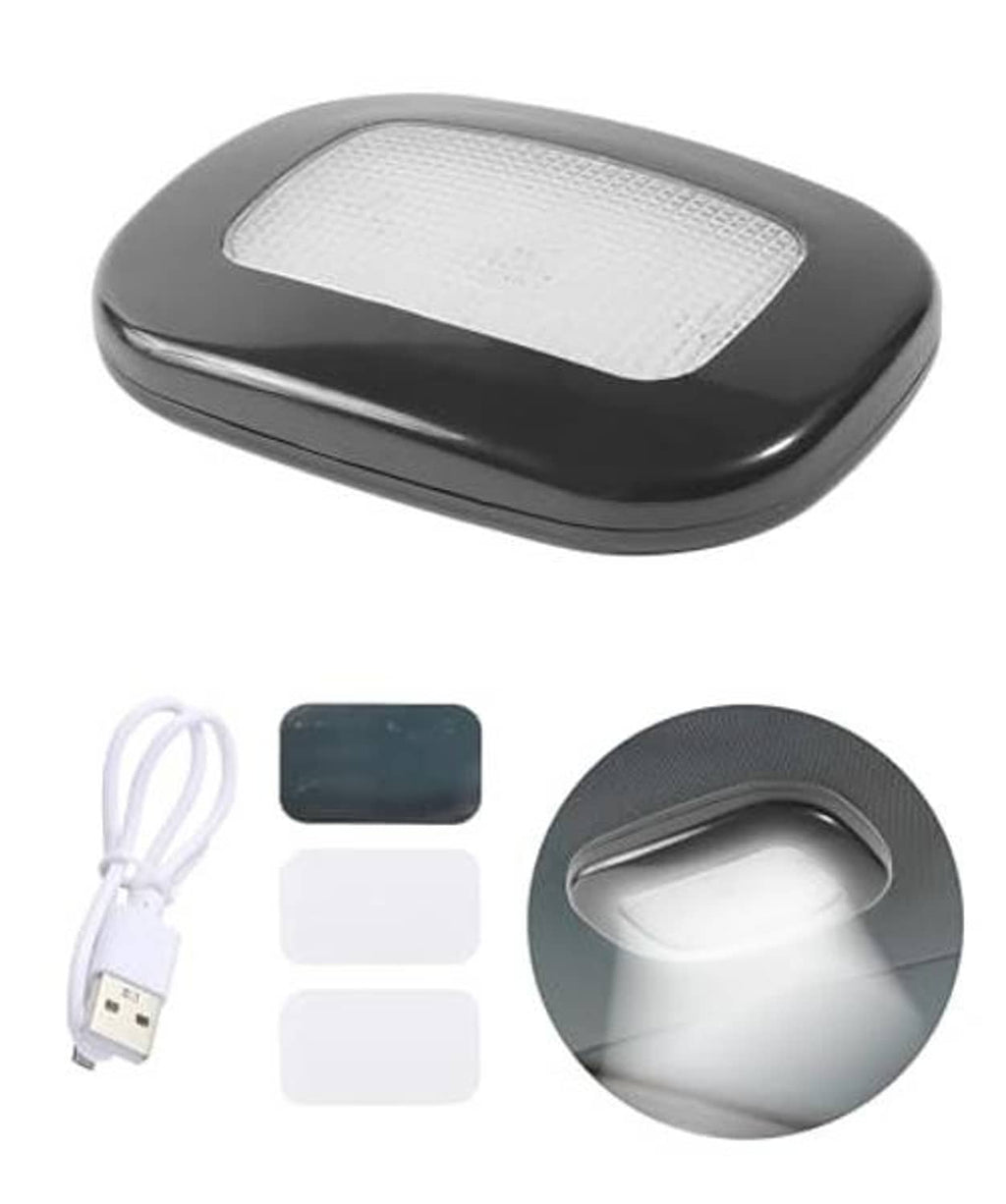 Black magnetic LED car interior roof light with cable, adhesive pads, and underside