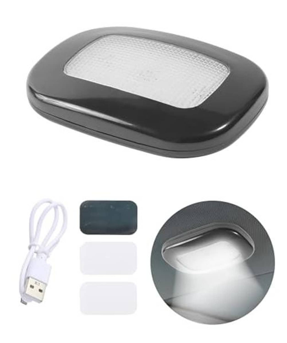 Black magnetic LED car interior roof light with cable, adhesive pads, and underside