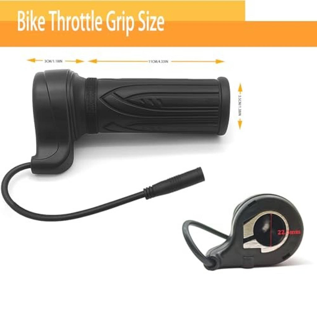 Black twist throttle grip with cable and right-angle housing, plus compact gauge-style sensor