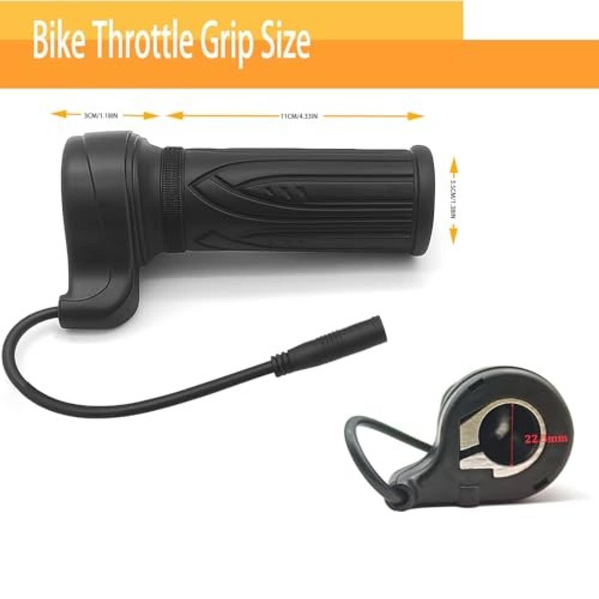 Black twist throttle grip with cable and right-angle housing, plus compact gauge-style sensor