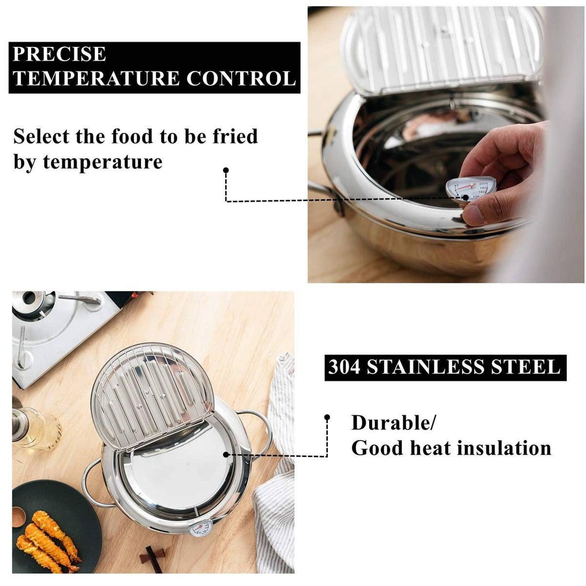 304 stainless steel deep-fryer pot with temperature control knob on the lid